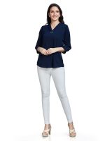Women’s Solid Tunic with Fashionable V-Fold Neck (Navy Blue)