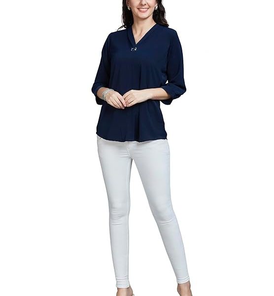 Women’s Solid Tunic with Fashionable V-Fold Neck (Navy Blue)