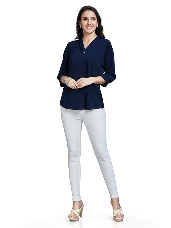 Women’s Solid Tunic with Fashionable V-Fold Neck (Navy Blue)