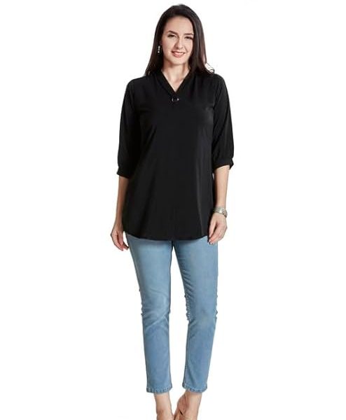 Women’s Solid Tunic with Fashionable V-Fold Neck (Black)