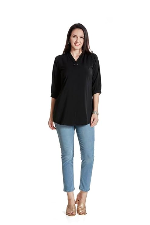 Women’s Solid Tunic with Fashionable V-Fold Neck (Black)