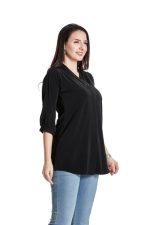 Women’s Solid Tunic with Fashionable V-Fold Neck,(Black)
