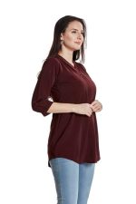 Women’s Solid Tunic with Fashionable V-Fold Neck,(wine)