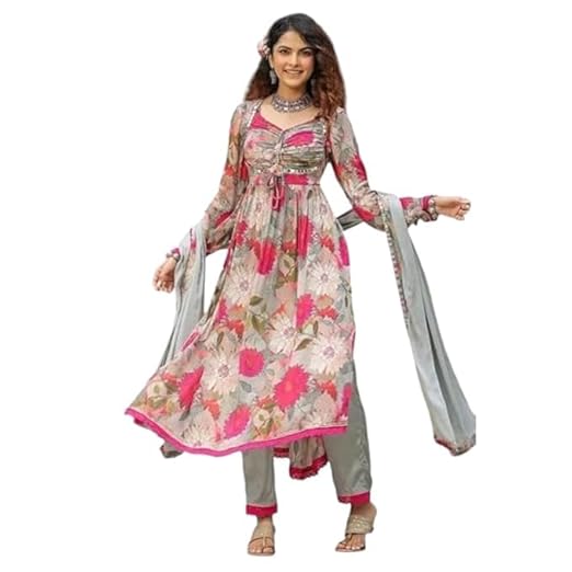 Women Floral Print Anarkali Kurta with Pant and Dupatta Set (pink)
