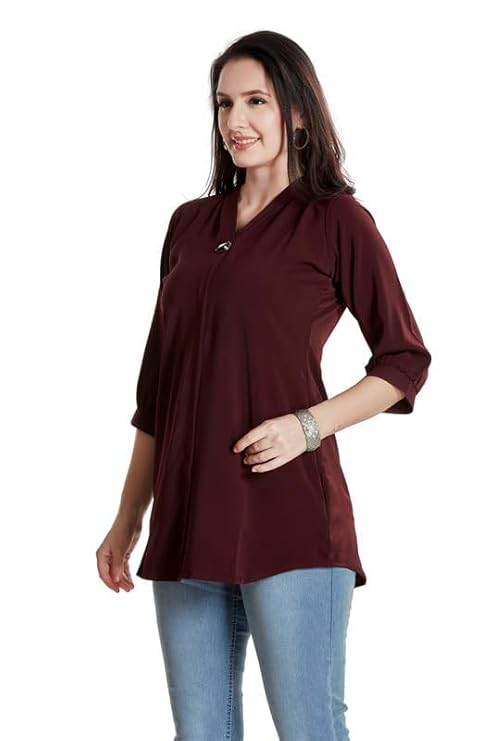 Women’s Solid Tunic with Fashionable V-Fold Neck,(wine)
