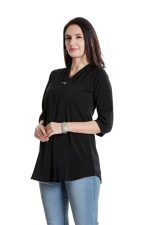 Women’s Solid Tunic with Fashionable V-Fold Neck,(Black)