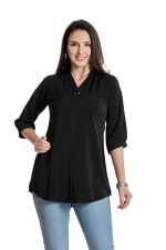 Women’s Solid Tunic with Fashionable V-Fold Neck,(Black)