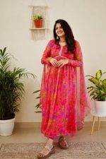 Women Floral Print Anarkali Kurta with Pant and Dupatta Set (Pink)