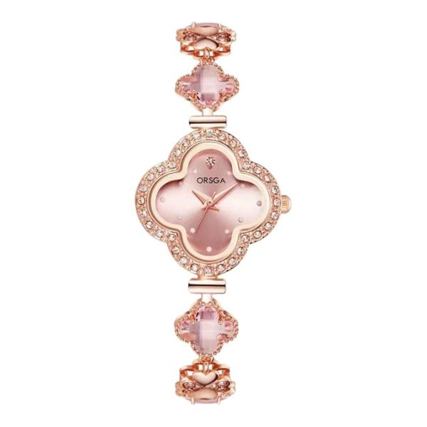 ORSGA Watch Bracelet Analog Clover Dial Wrist Watch for Ladies Luxury Diamond Stone Rose Gold Brass Strap Dress Watch for Women,Pink