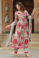 Women Floral Print Anarkali Kurta with Pant and Dupatta Set (pink)