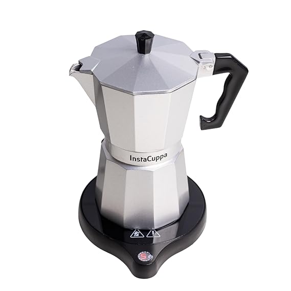 InstaCuppa Classic Stovetop Moka Pot Espresso Maker, Italian Style Percolator Coffee Maker, Durable and Premium Grade Aluminium Build, 300 ML, Silver, Electric