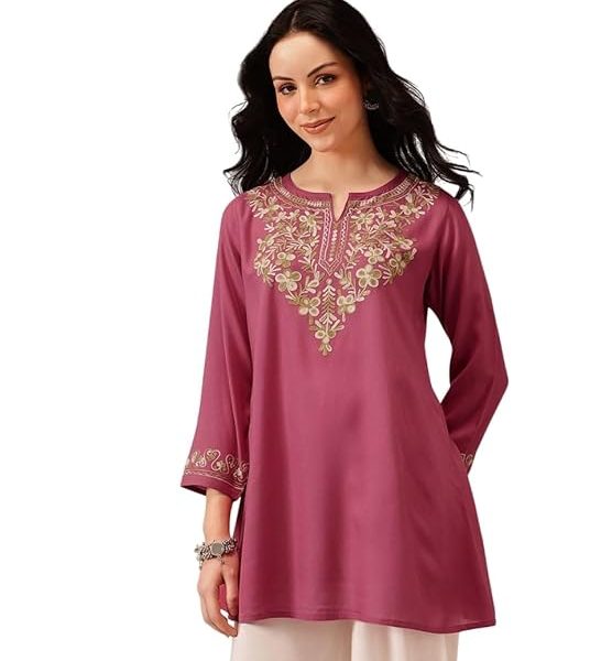 Women's Naila Kashmiri A-Line Short Kurti (Wild Orchid Pink)