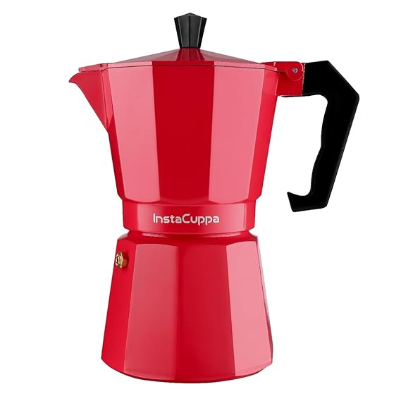 InstaCuppa Classic Stovetop Moka Pot Espresso Maker, Italian Style Percolator Coffee Maker, Durable and Premium Grade Aluminium Build, 300 ML, RED