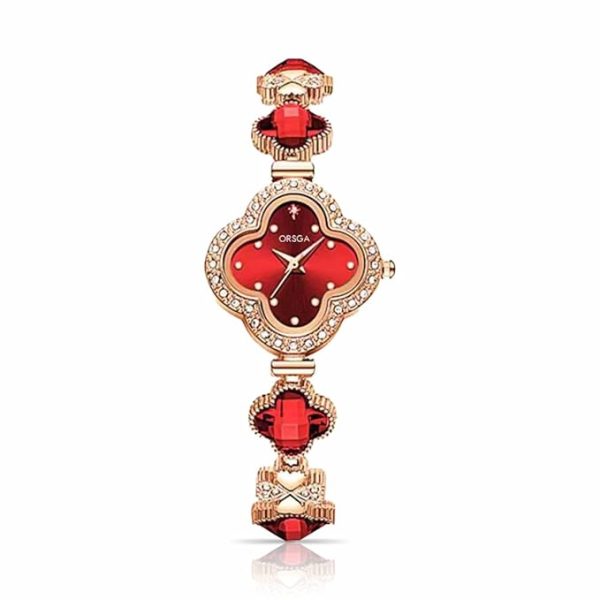 ORSGA Watch Bracelet Analog Clover Dial Wrist Watch for Ladies Luxury Diamond Stone Rose Gold Brass Strap Dress Watch for Women,Red