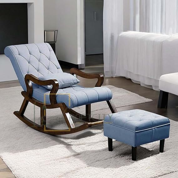 CRAFTCITY Rocking Chair |Sheesham Wood Elegant Rocking Chair with Pillow and Matching Foot Stool and Pre assembeled (Sky Blue)