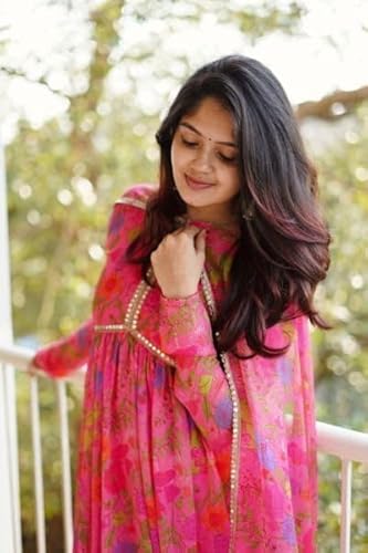 Women Floral Print Anarkali Kurta with Pant and Dupatta Set (Pink)