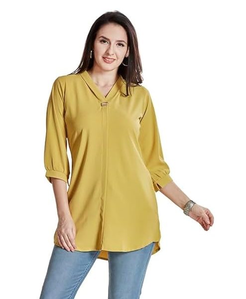 Women’s Solid Tunic with Fashionable V-Fold Neck(Lemon Yellow)
