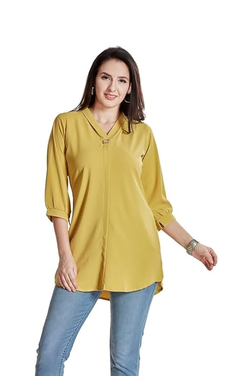 Women’s Solid Tunic with Fashionable V-Fold Neck(Lemon Yellow)