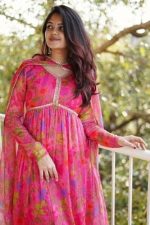 Women Floral Print Anarkali Kurta with Pant and Dupatta Set (Pink)