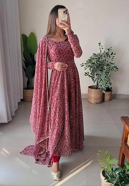 Women Floral Print Anarkali Kurta with Pant and Dupatta Set (MAROON)
