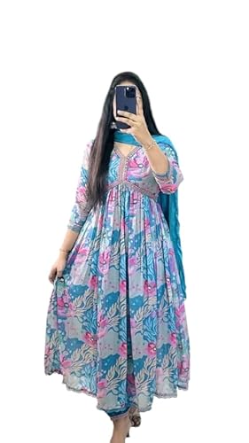 Women Floral Print Anarkali Kurta with Pant and Dupatta Set Anarkali Kurti(Blue)