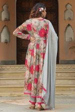 Women Floral Print Anarkali Kurta with Pant and Dupatta Set (pink)