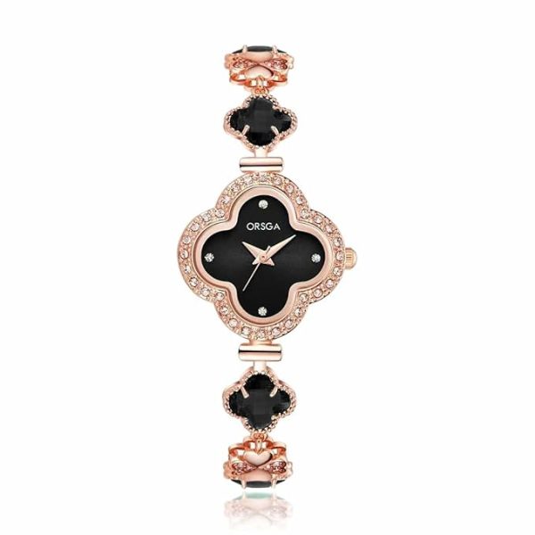 ORSGA Watch Bracelet Analog Clover Dial Wrist Watch for Ladies Luxury Diamond Stone Rose Gold Brass Strap Dress Watch for Women