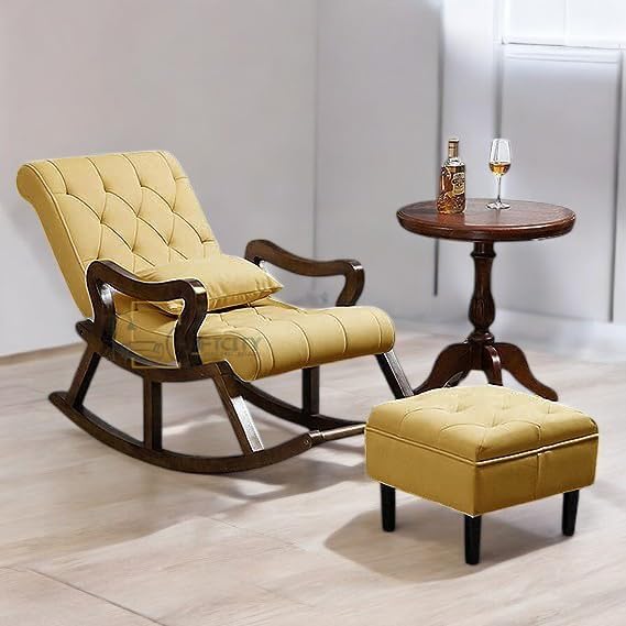 CRAFTCITY Rocking Chair |Sheesham Wood Elegant Rocking Chair with Pillow and Matching Foot Stool and Pre assembeled (Yellow)