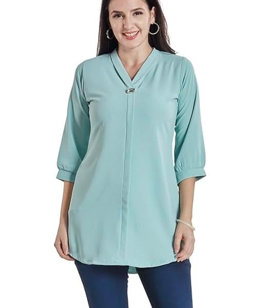 Women’s Solid Tunic with Fashionable V-Fold Neck(Aqua Blue)