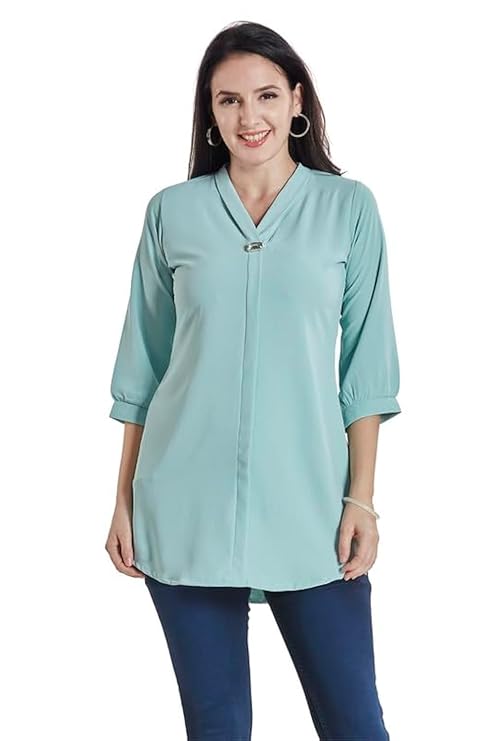 Women’s Solid Tunic with Fashionable V-Fold Neck(Aqua Blue)