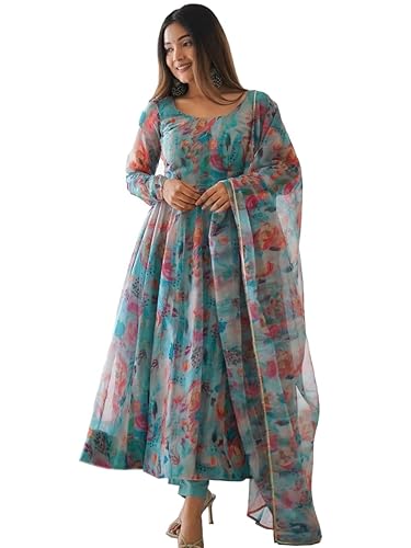 Women Floral Print Anarkali Kurta with Pant and Dupatta Set (Sky Blue)