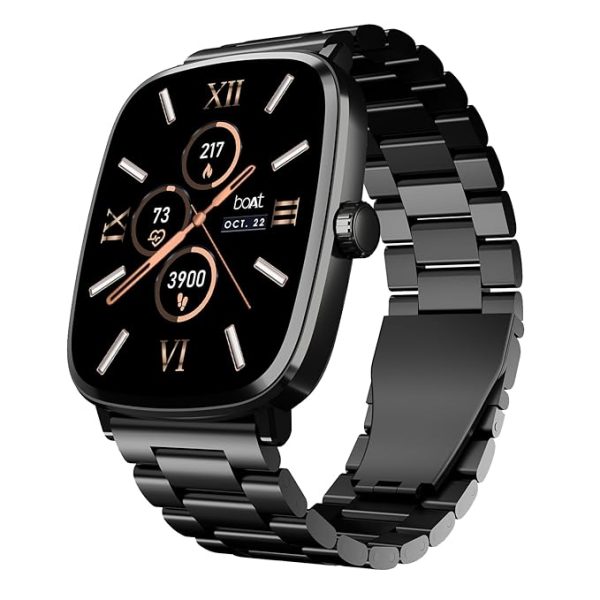 boAt Ultima Regal w/ 2.01”(5.10 cm) Crystal-Clear AMOLED Display, 1000 NITS Brightness,Premium Metal Body, Functional Crown, 100+ Sports Modes, Fitness Smart Watch for Men & Women (Steel Black)