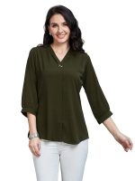 Women’s Solid Tunic with Fashionable V-Fold Neck (Mehendi Green)