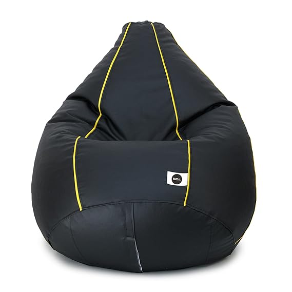 UmI. Faux Leather Classic Filled Bean Bag (With Beans) Colour- Black With Yellow Piping (Size-Xxl)