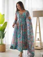 Women Floral Print Anarkali Kurta with Pant and Dupatta Set (Sky Blue)