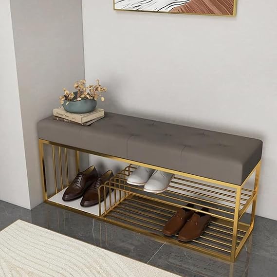 Skafa Metal End of Bed Bench-Upholstered Entry Shoe Storage with Nailhead Trim,Black Mental Frame Ottoman Bench for Bedroom Entry Window Mudroom Living Room (Grey)