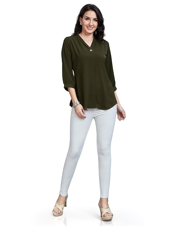 Women’s Solid Tunic with Fashionable V-Fold Neck (Mehendi Green)