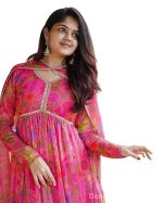 Women Floral Print Anarkali Kurta with Pant and Dupatta Set (Pink)