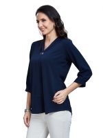 Women’s Solid Tunic with Fashionable V-Fold Neck (Navy Blue)