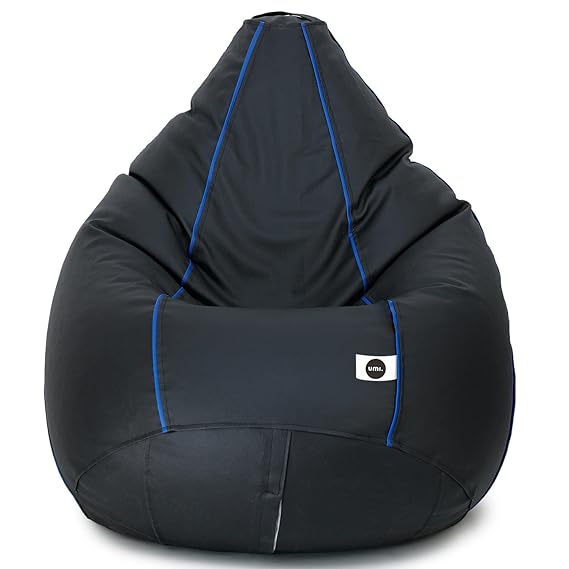 UmI. Faux Leather Classic Filled Bean Bag (With Beans) Colour- Black With Blue Piping (Size-Xxxl)