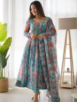Women Floral Print Anarkali Kurta with Pant and Dupatta Set (Sky Blue)