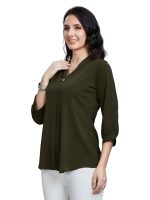 Women’s Solid Tunic with Fashionable V-Fold Neck (Mehendi Green)