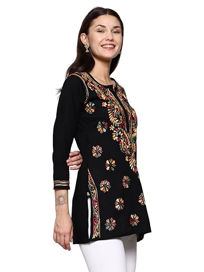 Women's Cotton Straight Fit Tunic Hand Embroidered Lucknow Chikankari Straight Short Kurti