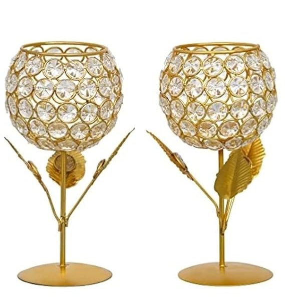 Rose Design Diamond Crystal Brass Candle Holder Diya Tea Light Holder |. Pack of 02