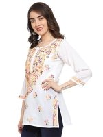 Women's Cotton Straight Fit Tunic Hand Embroidered Lucknow Chikankari Straight Short Kurti (White)
