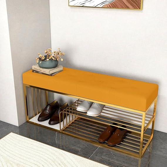 Skafa Metal End of Bed Bench-Upholstered Entry Shoe Storage with Nailhead Trim,Black Mental Frame Ottoman Bench for Bedroom Entry Window Mudroom Living Room (Yellow)