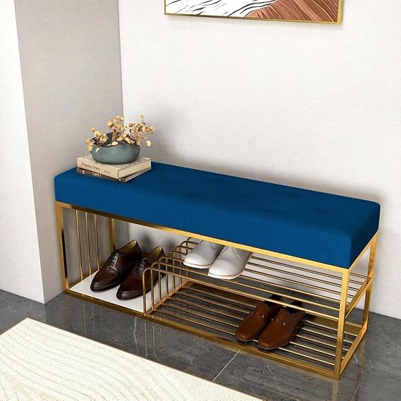 Skafa Metal End of Bed Bench-Upholstered Entry Shoe Storage with Nailhead Trim,Black Mental Frame Ottoman Bench for Bedroom Entry Window Mudroom Living Room (Blue)