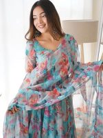 Women Floral Print Anarkali Kurta with Pant and Dupatta Set (Sky Blue)