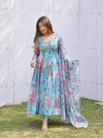 Women Floral Print Anarkali Kurta with Pant and Dupatta Set (Sky Blue)