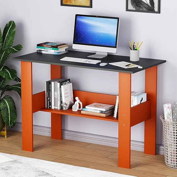 Lukzer Premium Engineered Wood Computer Desk with One Tier Shelves Laptop Study Table for Office Home Workstation Writing Modern Desk (ST-004/Lava Mist/ 90 x 50 x 77 cm)